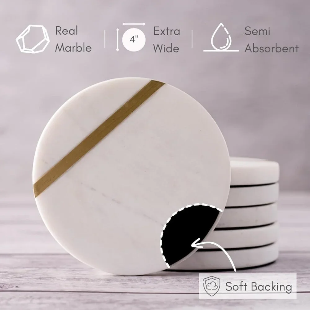 Marble Coasters Set of 6 - Luxury Aesthetic Modern Decor for Coffee Table- White
